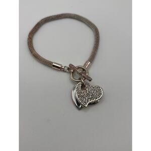 Crystal heart charm mesh bracelet toggle closure 8"